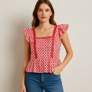 Sugar + Lips NEW Red Embroidered Eyelet Ruffle Sleeve Peplum Blouse Top L